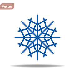 Snowflake icon. Blue silhouette snow flake sign, isolated on white background. Flat design. Symbol of winter, frozen, Christmas, New Year holiday. Graphic element decoration. Vector illustration