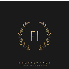 letter FI surrounded by beautiful and elegant flowers and leaves. Wedding monogram logo template.