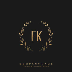 letter FK surrounded by beautiful and elegant flowers and leaves. Wedding monogram logo template.