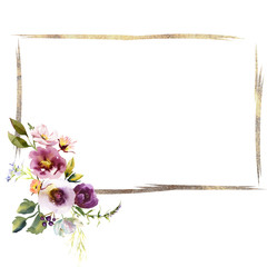 Wedding frame wreath bridal romanric rustic warm bouquet. Hand drawing watercolor pink and purple and orange flowers ornament