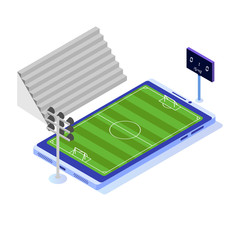 Isometric football field on smartphone. Vector Illustration.