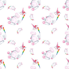 Seamless pattern. Unicorns with rainbow mane on white background. Hand drawn watercolor illustration.