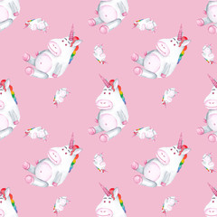 Seamless pattern. Unicorns with rainbow mane on pink background. Hand drawn watercolor illustration.