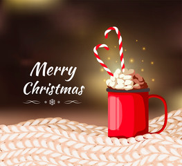 Cute "Merry Christmas" card design with mug of cocoa with marshmallows and candy cane. Vector illustration perfect for greeting card, poster, cover, banner. 