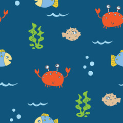 Naklejka na ściany i meble Cute Crab and fishes Seamless Pattern, Cartoon Hand Drawn Animal Doodles Vector Illustration Background