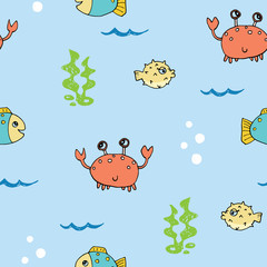 Cute Crab and fishes Seamless Pattern, Cartoon Hand Drawn Animal Doodles Vector Illustration Background