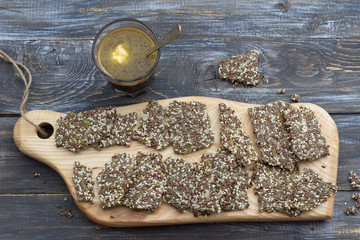 Delicious healthy multigrain gluten-free crackers, ketogenic, from chia seeds, flax, sesame and...