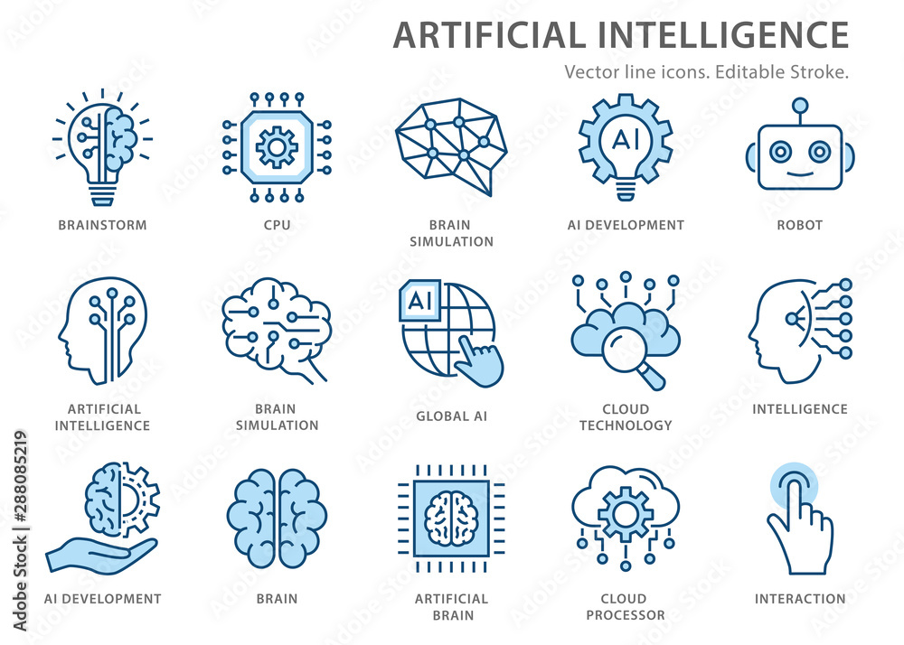 Aufkleber artificial intelligence line icons set. vector illustration. editable stroke.