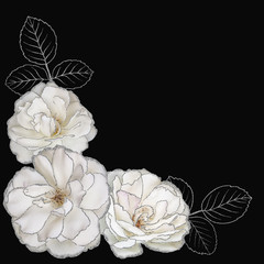 Floral corner arrangement of white glitter roses isolated on black background. Can be used for your projects, invitations, greeting cards.