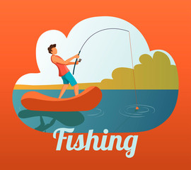 Poster design for fishing, fisherman, hobby. Man standing in a boat and fishing.  Vector illustration for poster, banner, cover, card.