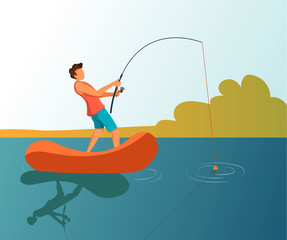 Young man standing in a boat and fishing