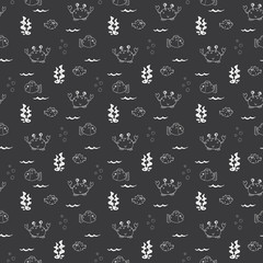 Cute Crab and fishes Seamless Pattern, Cartoon Hand Drawn Animal Doodles Vector Illustration Background