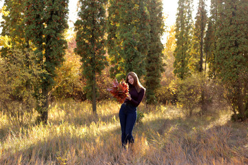 Portrait of young girl outdoor. Bouquet with yellow leafs in her hands. Brunette woman in autumn park.