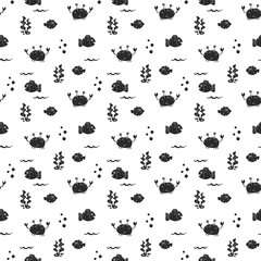 Cute Crab and fishes Seamless Pattern, Cartoon Hand Drawn Animal Doodles Vector Illustration Background