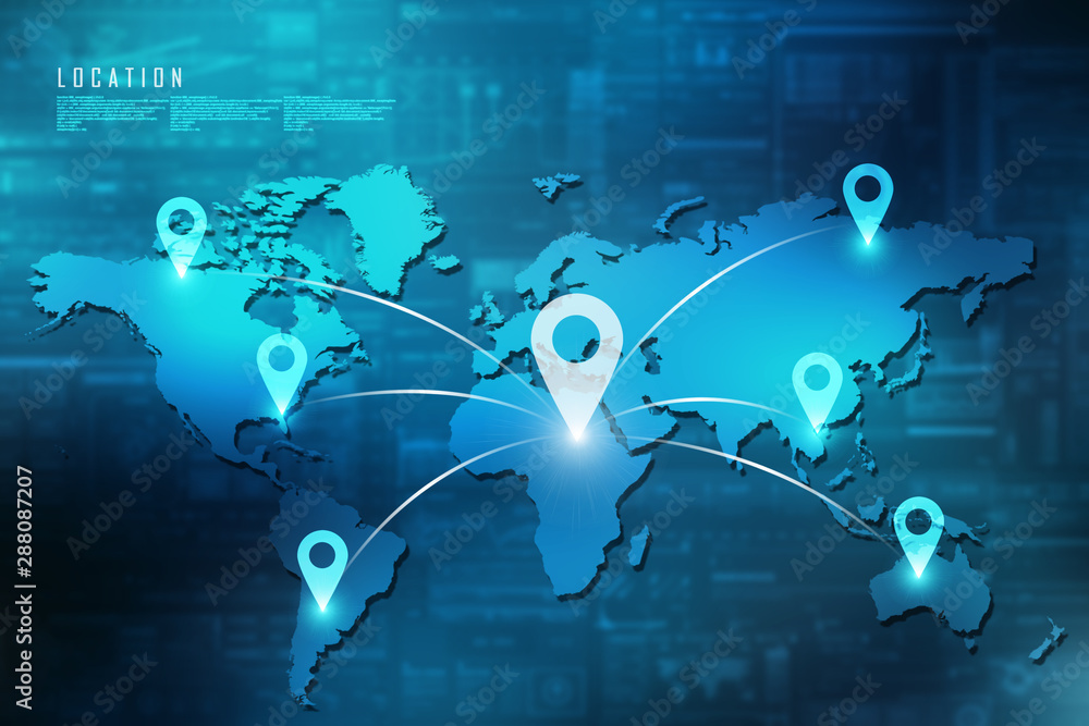 Poster 2d rendering red map pointer with world map