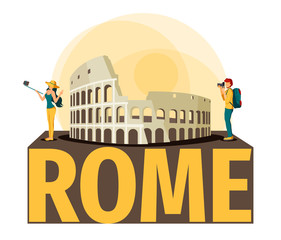 Travel Card with Roman Colosseum and tourists. 