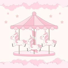 Carousel with cute unicorn and cloud illustration