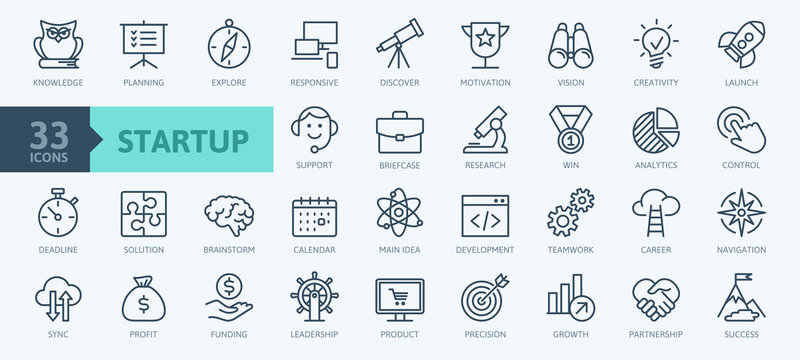 Startup project and development elements - minimal thin line web icon set. Outline icons collection. Simple vector illustration.