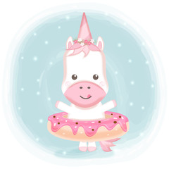 Obraz na płótnie Canvas Cute unicorn with donut cartoon watercolor illustration