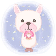 Cute puppy with donut cartoon watercolor illustration
