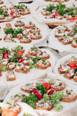 Close-up of tasty fresh and healthy sandwiches with fish, onion and cream cheese and vegetables. Crispy sandwiches with cream cheese, fish, black sesame, herring and tomatoes decorated with parsley.