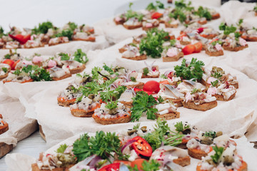 Appetizing sandwich with bacon decorating greenery serving on plate ready for eating close-up. Amazing beautiful food grilled bread with meat and fish preparing for event