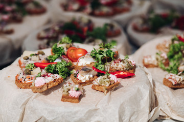 Close-up of tasty fresh and healthy sandwiches with fish, onion and cream cheese and vegetables. Crispy sandwiches with cream cheese, fish, black sesame, herring and tomatoes decorated with parsley.