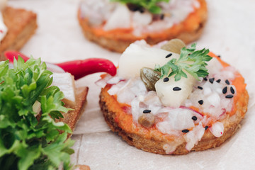 Appetizing sandwich with bacon decorating greenery serving on plate ready for eating close-up. Amazing beautiful food grilled bread with meat and fish preparing for event