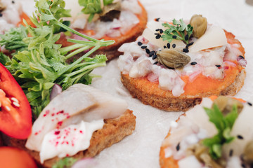 Close-up of tasty fresh and healthy sandwiches with fish, onion and cream cheese and vegetables. Crispy sandwiches with cream cheese, fish, black sesame, herring and tomatoes decorated with parsley.