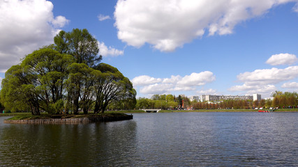 Beautiful clean European park with a beautiful view of the lake