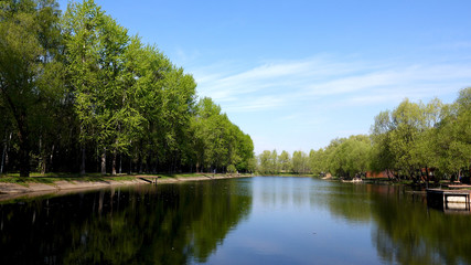 Beautiful clean European park with a beautiful view of the lake