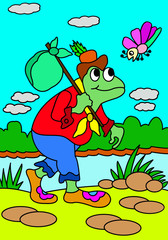 An Illustrated Cartoon of A Walking Frog