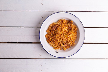 Las migas is a typical Spanish dish made with crumbs, onions and chorizo
