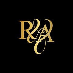 Initial letter R & RA RA luxury art vector mark logo, gold color on black background. - obrazy, fototapety, plakaty