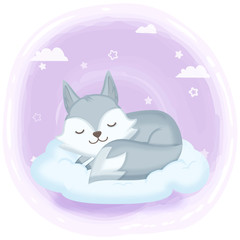 Cute fox asleep on cloud hand drawn cartoon illustration