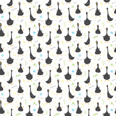 Naklejka na ściany i meble Cute Goose Seamless Pattern, Cartoon Hand Drawn Goose Doodles Vector Background Illustration