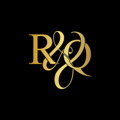 Initial letter R & Q RQ luxury art vector mark logo, gold color on black background.