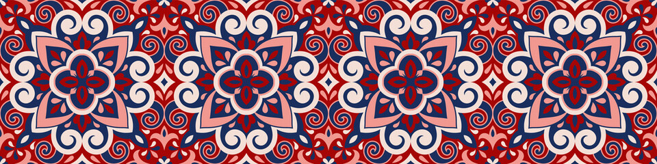 Azulejos ceramic tile design. Talavera tracery motif. Unique creative endless fill swatch. Portuguese, Spanish, Mexican, Brazilian folklore ornament. Ethnic style vector hand drawn seamless pattern.