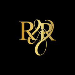 Initial letter R & R RR luxury art vector mark logo, gold color on black background.