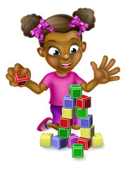 Cartoon black girl playing with toy building blocks