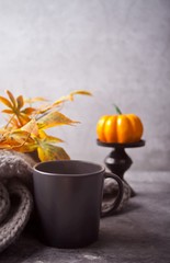 Gray mug of coffee, autumn leaves, pumpkin and gray scarf on the gray table. Autumn concept. Minimalism.