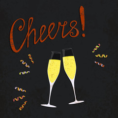 Vector toasting champagne glasses with colored curl ribbons. Retro style poster. Vintage illustration of stemwares with champagne hand written text "Cheers!" for cards and your own projects. EPS10.