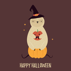Funny sloth sitting on pumpkin. Halloween card