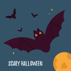 Halloween holiday card with flying bats and moon.