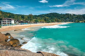 Beautiful view on sea in Thailand with stones and threes. Top view.