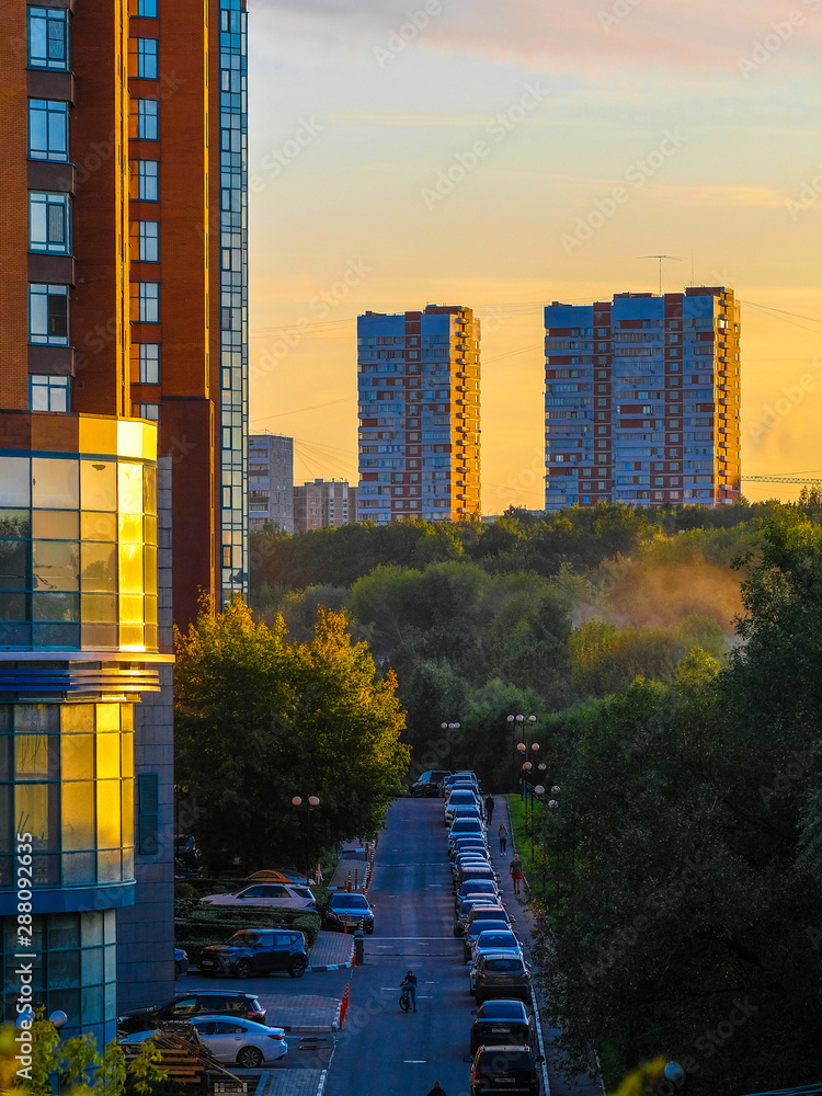 Poster Moscow, Russia - August, 29, 2019: landscape with the image of Moscow at sunset