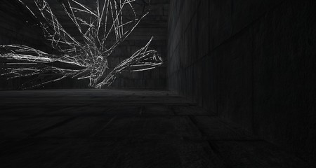 Empty dark abstract concrete smooth architectural interior of chaotic lines. Night view of the illuminated. 3D illustration and rendering