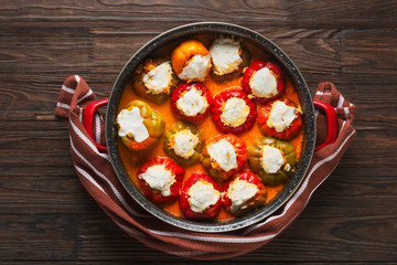 Vegetarian food. Sweet peppers stuffed with vegetables. Ready-to-eat meal