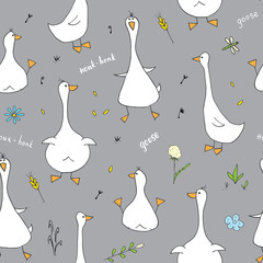 Cute Goose Seamless Pattern, Cartoon Hand Drawn Goose Doodles Vector Background Illustration