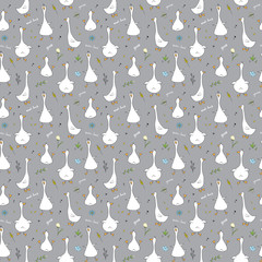 Cute Goose Seamless Pattern, Cartoon Hand Drawn Goose Doodles Vector Background Illustration
